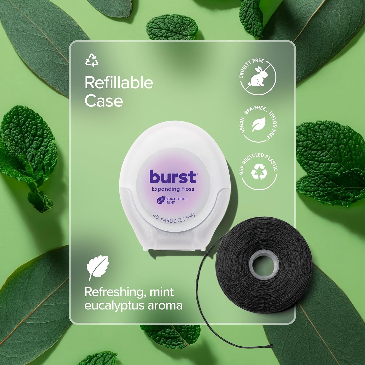 image:imageBURST Expanding Dental Floss Mint Eucalyptus160 Yards Stain Absorbing360 Foot Pack of 1