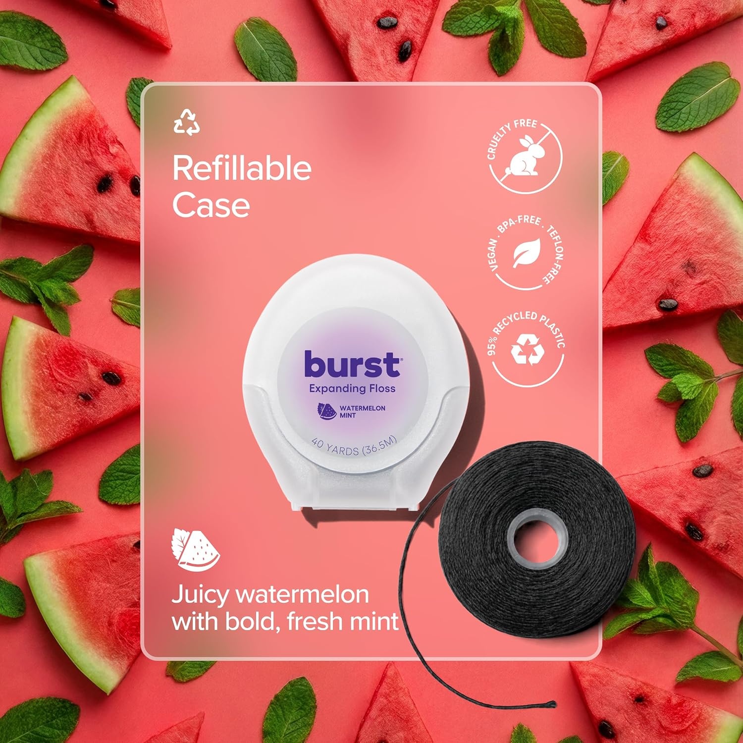 image:imageBURST Expanding Dental Floss Watermelon Mint40 Yards Stain Absorbing360 Foot Pack of 1